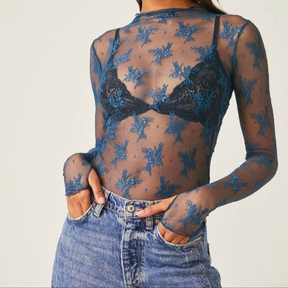 Free People Teal Blue Floral Sheer Long Sleeve Top - Picture 4 of 7